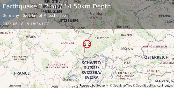 Earthquake FRANCE-GERMANY BORDER REGION (2.2 ml) (2025-06-18 19:18:34 UTC)