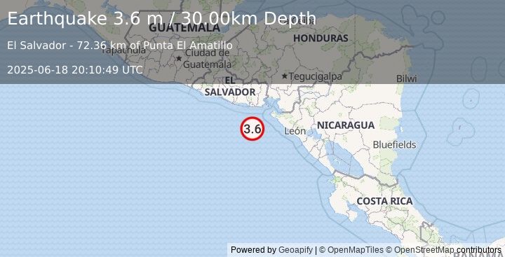 Earthquake OFFSHORE EL SALVADOR (3.6 m) (2025-06-18 20:10:49 UTC)