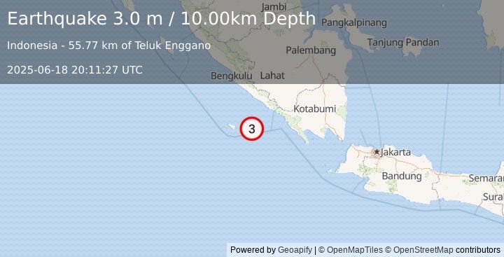 Earthquake SOUTHERN SUMATRA, INDONESIA (3.0 m) (2025-06-18 20:11:27 UTC)