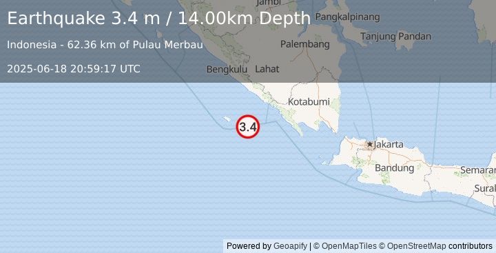 Earthquake SOUTHERN SUMATRA, INDONESIA (3.4 m) (2025-06-18 20:59:17 UTC)