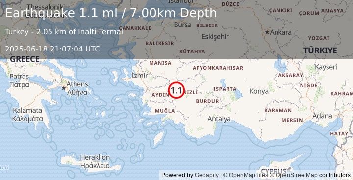 Earthquake WESTERN TURKEY (1.1 ml) (2025-06-18 21:07:04 UTC)