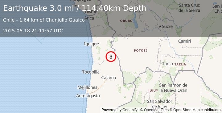 Earthquake TARAPACA, CHILE (3.0 ml) (2025-06-18 21:11:57 UTC)