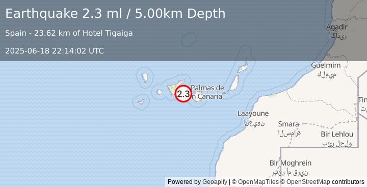 Earthquake CANARY ISLANDS, SPAIN REGION (2.3 ml) (2025-06-18 22:14:02 UTC)