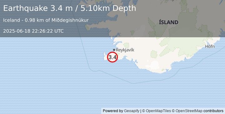 Earthquake ICELAND REGION (3.4 m) (2025-06-18 22:26:22 UTC)