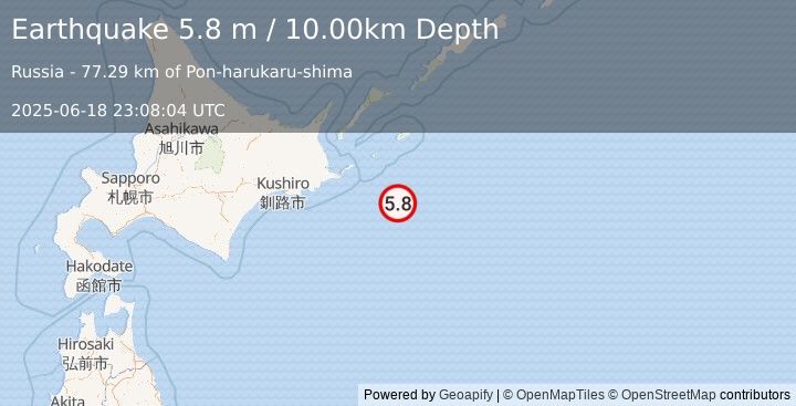 Earthquake OFF COAST OF HOKKAIDO, JAPAN (5.9 mw) (2025-06-18 23:08:05 UTC)