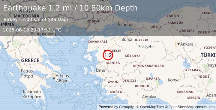 Earthquake WESTERN TURKEY (1.2 ml) (2025-06-18 23:17:53 UTC)