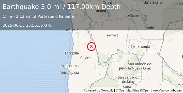 Earthquake ANTOFAGASTA, CHILE (3.0 ml) (2025-06-18 23:56:35 UTC)