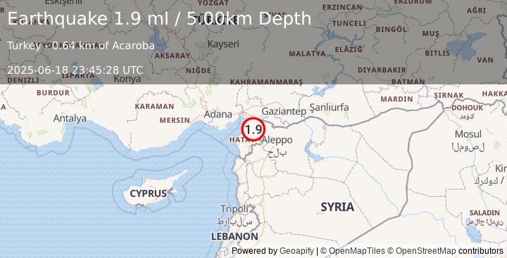 Earthquake TURKEY-SYRIA BORDER REGION (1.9 ml) (2025-06-18 23:45:28 UTC)
