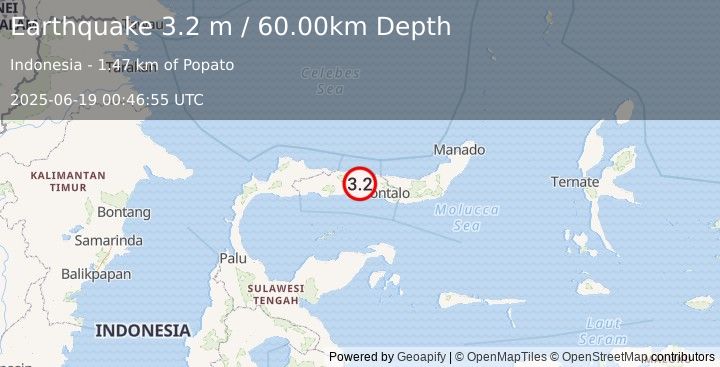 Earthquake MINAHASA, SULAWESI, INDONESIA (3.2 m) (2025-06-19 00:46:55 UTC)