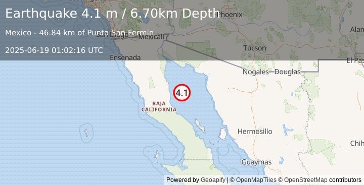 Earthquake GULF OF CALIFORNIA (4.1 m) (2025-06-19 01:02:16 UTC)