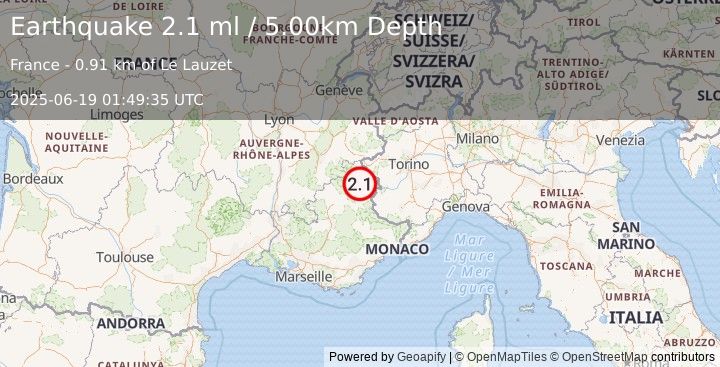 Earthquake FRANCE (2.1 ml) (2025-06-19 01:49:36 UTC)