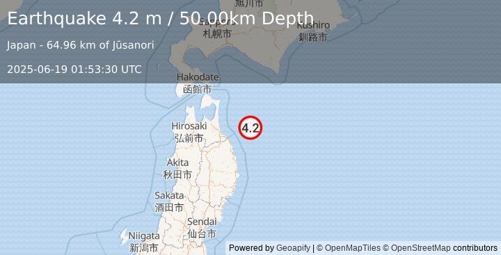 Earthquake NEAR EAST COAST OF HONSHU, JAPAN (4.2 m) (2025-06-19 01:53:30 UTC)