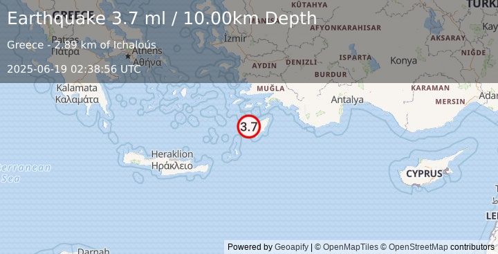 Earthquake DODECANESE IS.-TURKEY BORDER REG (3.7 ml) (2025-06-19 02:38:56 UTC)