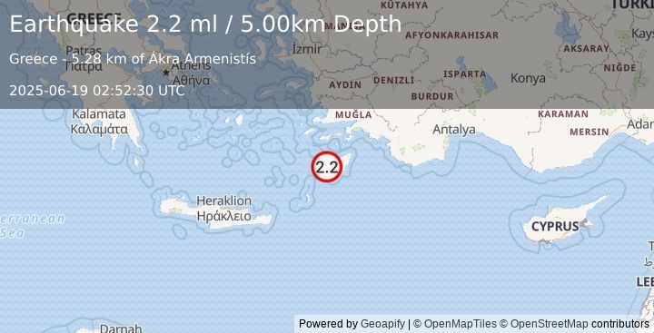 Earthquake DODECANESE IS.-TURKEY BORDER REG (2.2 ml) (2025-06-19 02:52:30 UTC)