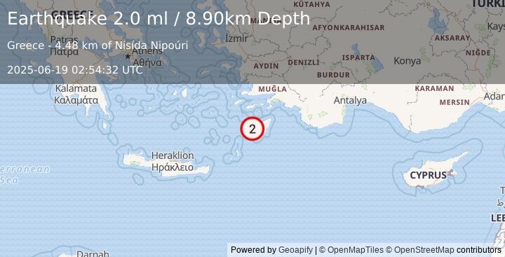 Earthquake DODECANESE IS.-TURKEY BORDER REG (2.0 ml) (2025-06-19 02:54:32 UTC)