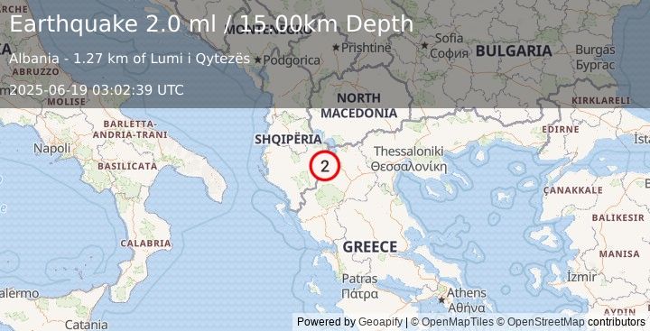 Earthquake ALBANIA (2.0 ml) (2025-06-19 03:02:39 UTC)