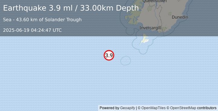 Earthquake OFF W. COAST OF S. ISLAND, N.Z. (3.9 ml) (2025-06-19 04:24:47 UTC)