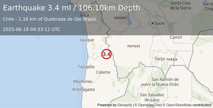 Earthquake ANTOFAGASTA, CHILE (3.4 ml) (2025-06-19 04:33:12 UTC)