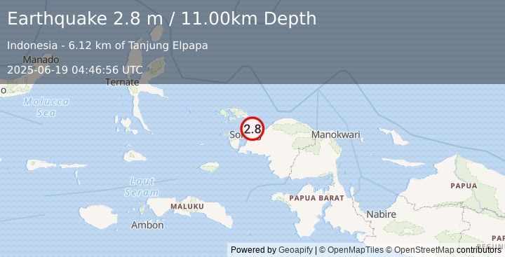 Earthquake NEAR N COAST OF PAPUA, INDONESIA (2.8 m) (2025-06-19 04:46:56 UTC)