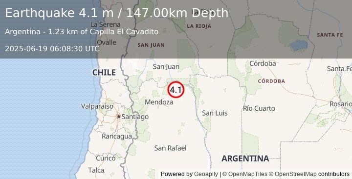 Earthquake MENDOZA, ARGENTINA (4.2 mb) (2025-06-19 06:08:23 UTC)