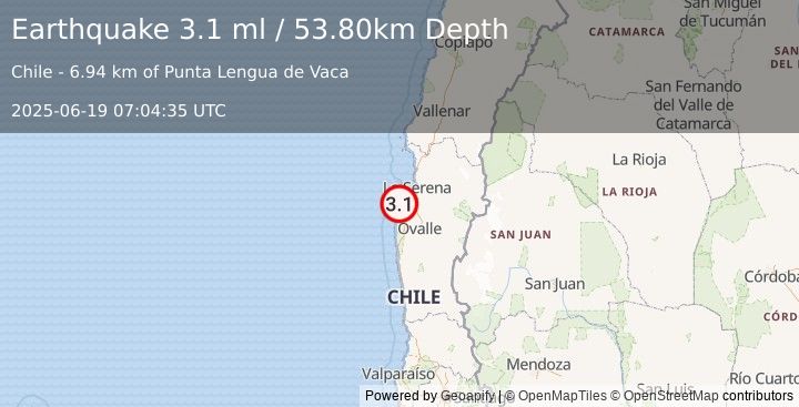 Earthquake OFFSHORE COQUIMBO, CHILE (3.1 ml) (2025-06-19 07:04:35 UTC)