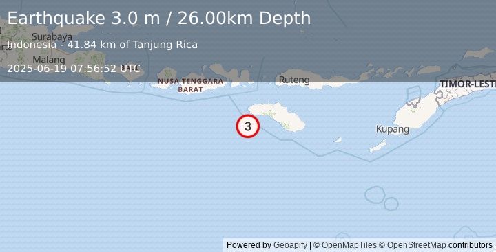 Earthquake SOUTH OF SUMBAWA, INDONESIA (3.0 m) (2025-06-19 07:56:52 UTC)