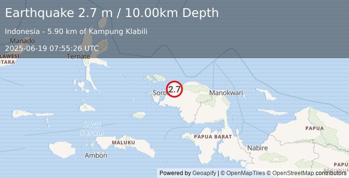 Earthquake NEAR N COAST OF PAPUA, INDONESIA (2.7 m) (2025-06-19 07:55:26 UTC)