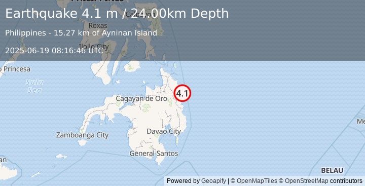 Earthquake MINDANAO, PHILIPPINES (4.1 m) (2025-06-19 08:16:46 UTC)
