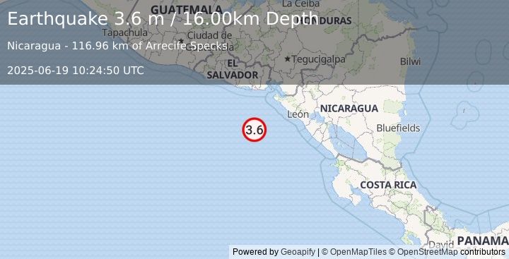 Earthquake OFF COAST OF CENTRAL AMERICA (3.6 m) (2025-06-19 10:24:50 UTC)