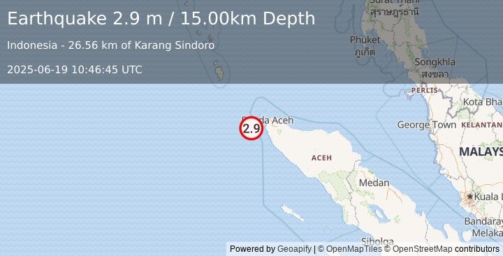 Earthquake NORTHERN SUMATRA, INDONESIA (2.9 m) (2025-06-19 10:46:45 UTC)