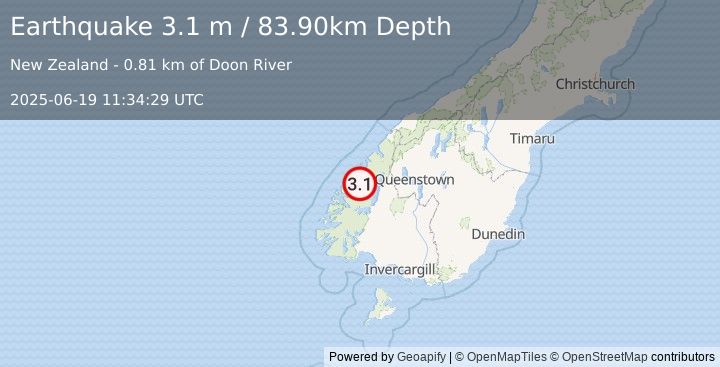 Earthquake SOUTH ISLAND OF NEW ZEALAND (3.1 m) (2025-06-19 11:34:29 UTC)