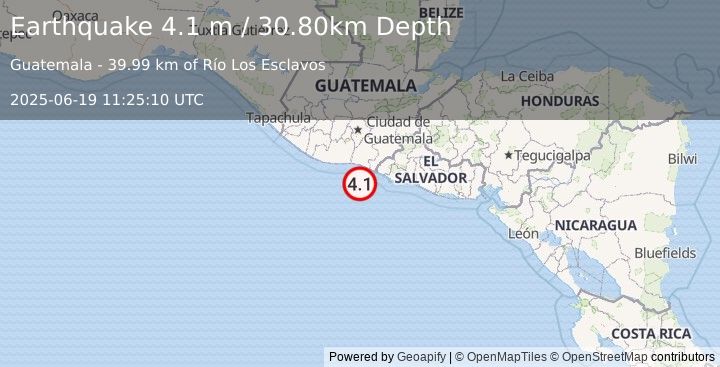 Earthquake OFFSHORE GUATEMALA (4.1 m) (2025-06-19 11:25:10 UTC)