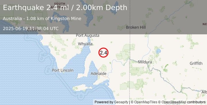 Earthquake NEAR COAST OF SOUTH AUSTRALIA (2.4 ml) (2025-06-19 11:38:03 UTC)