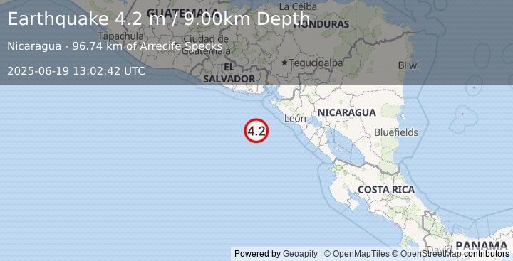 Earthquake NEAR COAST OF NICARAGUA (4.2 m) (2025-06-19 13:02:42 UTC)