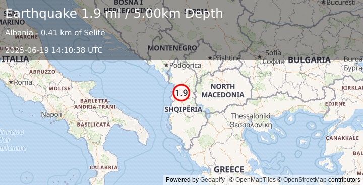 Earthquake ALBANIA (1.9 ml) (2025-06-19 14:10:38 UTC)