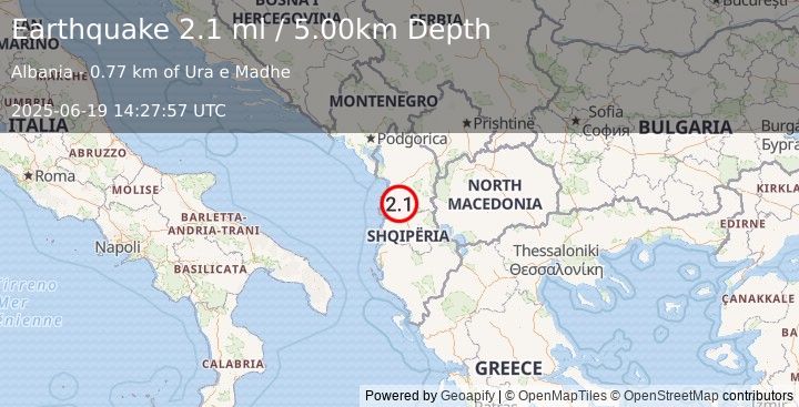Earthquake ALBANIA (2.1 ml) (2025-06-19 14:27:57 UTC)