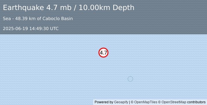 Earthquake CENTRAL MID-ATLANTIC RIDGE (4.7 mb) (2025-06-19 14:49:30 UTC)
