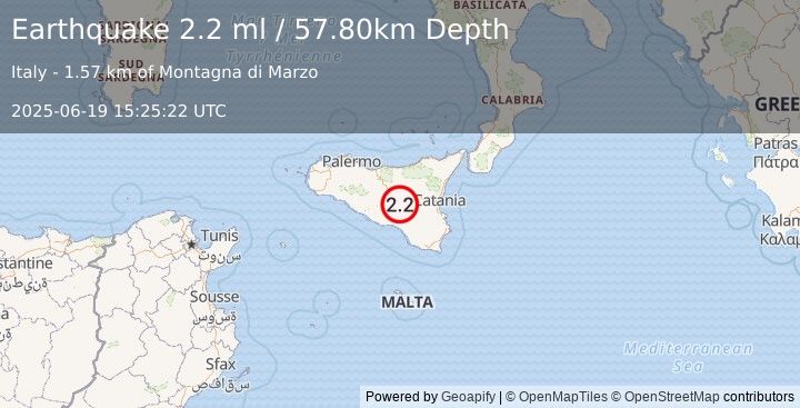 Earthquake SICILY, ITALY (2.2 ml) (2025-06-19 15:25:22 UTC)