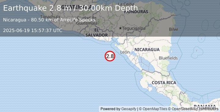 Earthquake NEAR COAST OF NICARAGUA (2.8 m) (2025-06-19 15:57:37 UTC)