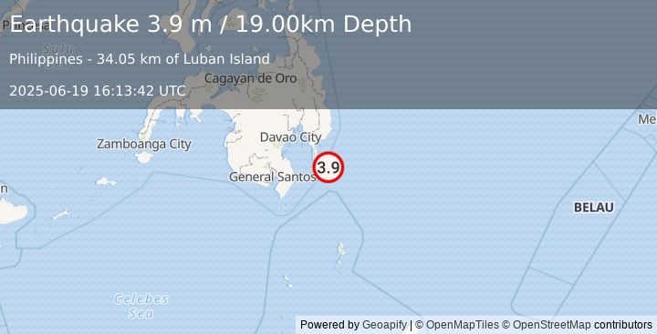 Earthquake MINDANAO, PHILIPPINES (3.9 m) (2025-06-19 16:13:42 UTC)