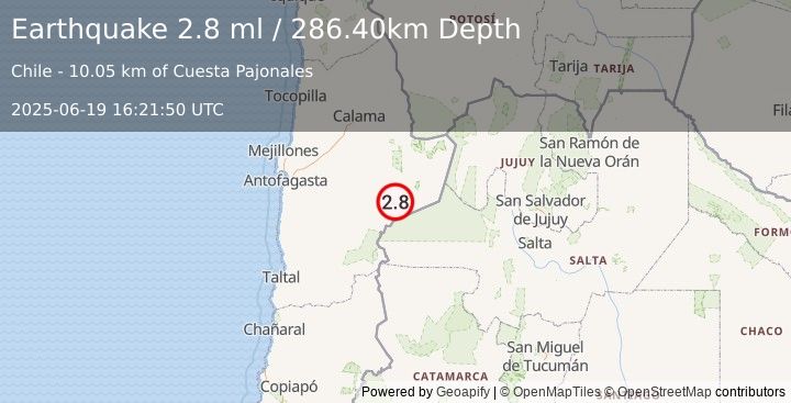 Earthquake ANTOFAGASTA, CHILE (2.8 ml) (2025-06-19 16:21:50 UTC)
