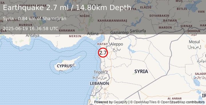 Earthquake SYRIA (2.7 ml) (2025-06-19 16:36:58 UTC)
