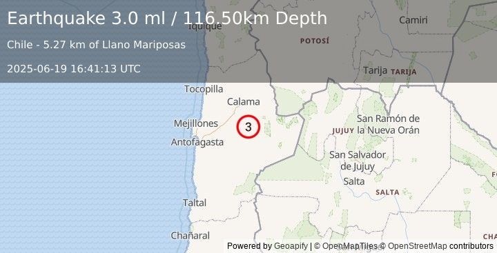 Earthquake ANTOFAGASTA, CHILE (3.0 ml) (2025-06-19 16:41:13 UTC)