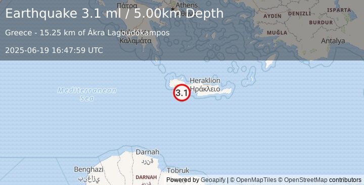 Earthquake CRETE, GREECE (3.2 ml) (2025-06-19 16:47:55 UTC)