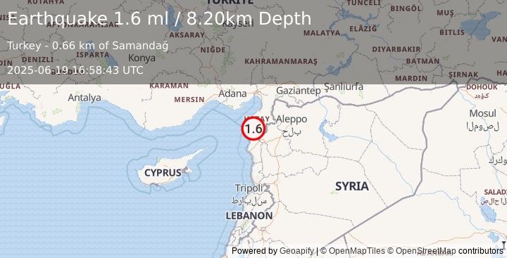 Earthquake CENTRAL TURKEY (1.6 ml) (2025-06-19 16:58:43 UTC)