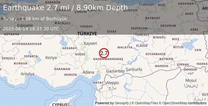 Earthquake CENTRAL TURKEY (2.7 ml) (2025-06-19 18:37:29 UTC)