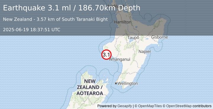 Earthquake NORTH ISLAND OF NEW ZEALAND (3.1 ml) (2025-06-19 18:37:51 UTC)