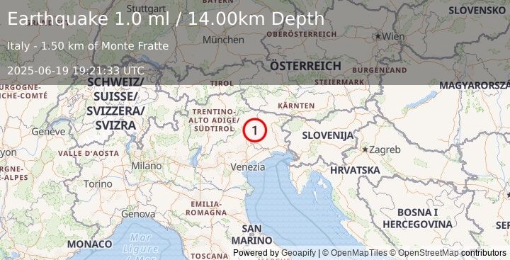 Earthquake NORTHERN ITALY (1.0 ml) (2025-06-19 19:21:33 UTC)