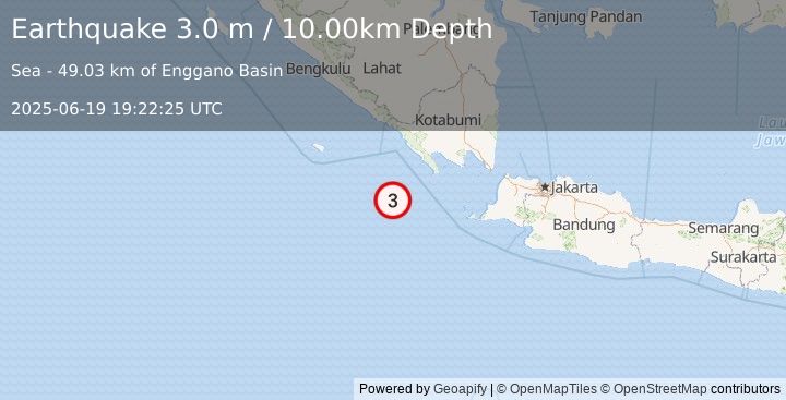 Earthquake SOUTHWEST OF SUMATRA, INDONESIA (3.0 m) (2025-06-19 19:22:25 UTC)
