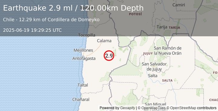 Earthquake ANTOFAGASTA, CHILE (2.9 ml) (2025-06-19 19:29:25 UTC)